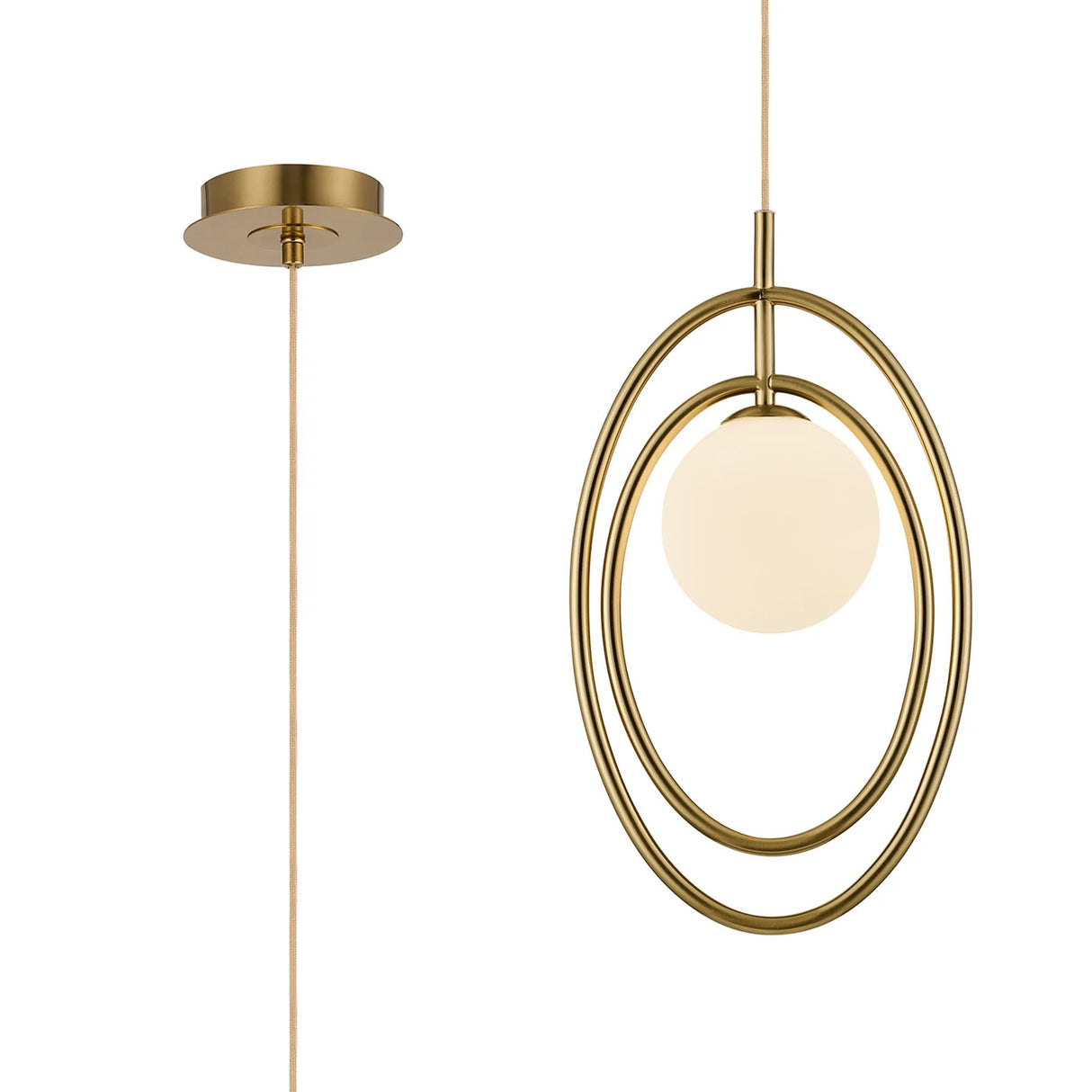 Newton Oval Pendant/Semi Ceiling Convertible, 1 Light G9, Brass Gold/Opal Globe Glass