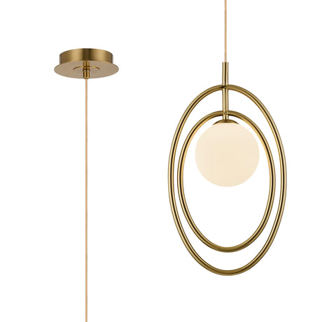 Newton Oval Pendant/Semi Ceiling Convertible, 1 Light G9, Brass Gold/Opal Globe Glass