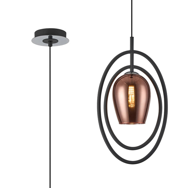 Newton Oval Pendant/Semi Ceiling Convertible, 1 Light G9, Grey/Polished Chrome/Copper Wine Glass