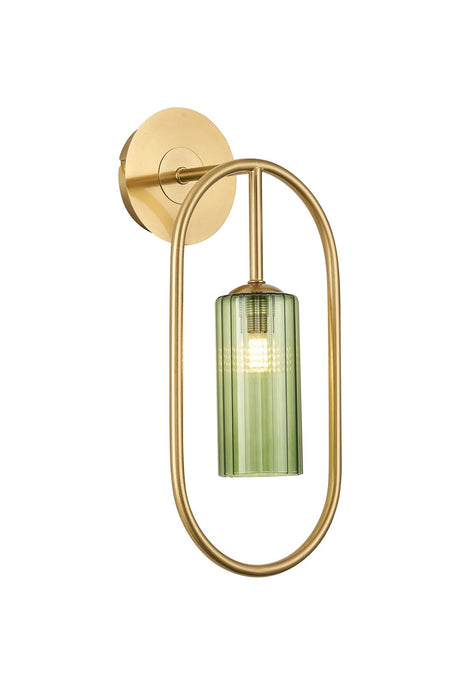 Newton Oblong Wall Lamp Switched, 1 Light G9, Brass Gold/Green Slim Tube Ribbed Glass