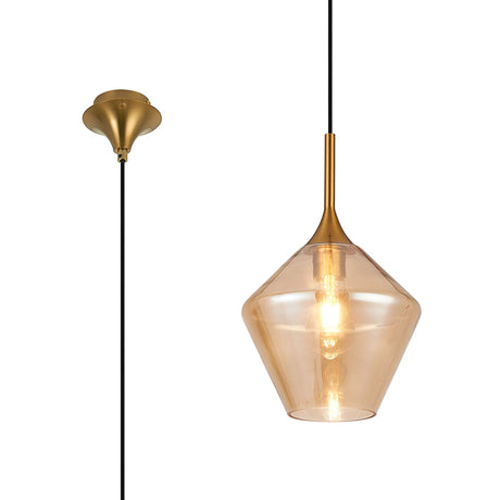 Nish Single Pendant, 1 x E27, Brass/Amber Diamond Glass