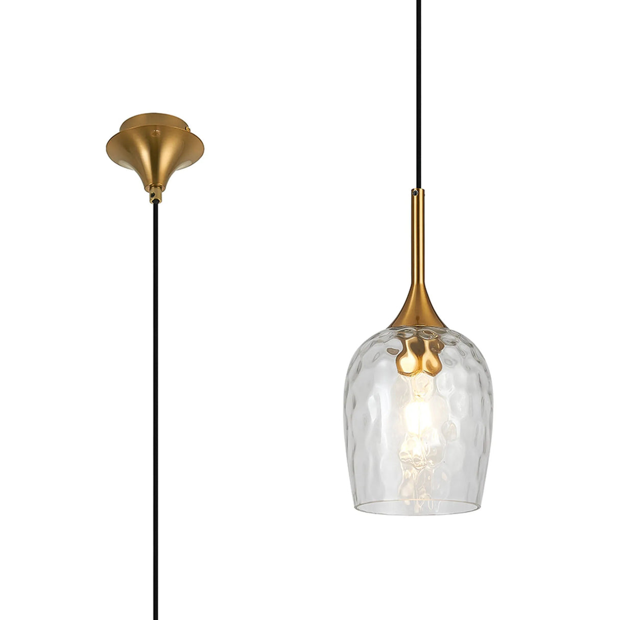 Nish Single Pendant, 1 x E27, Brass/Clear Ripple Wine Glass