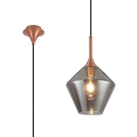 Nish Single Pendant, 1 x E27, Satin Copper/Smoke Diamond Glass