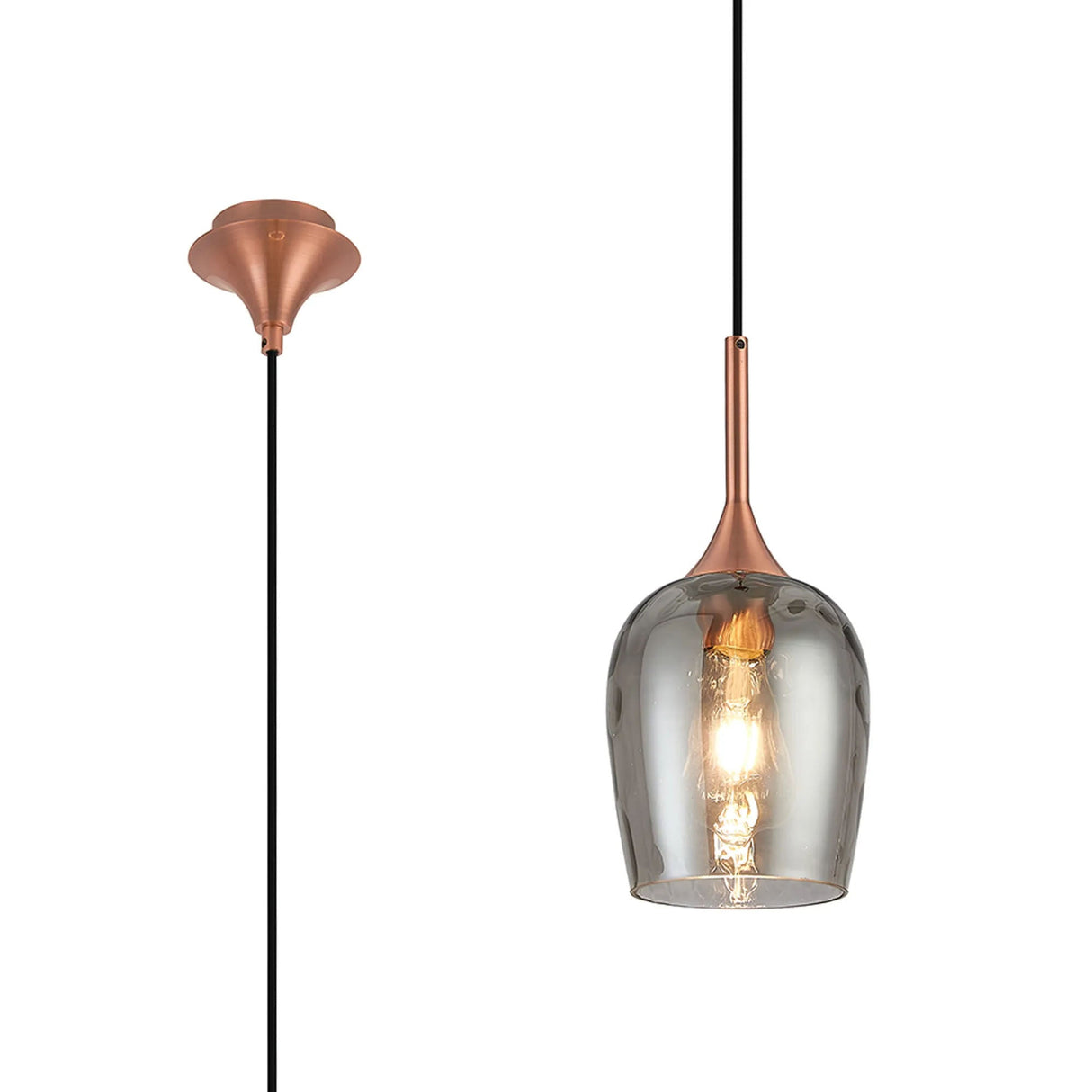 Nish Single Pendant, 1 x E27, Satin Copper/Smoke Ripple Wine Glass