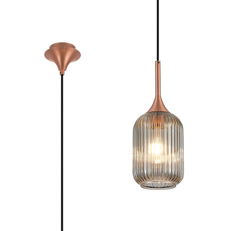 Nish Single Pendant, 1 x E27, Satin Copper/Smoked Ribbed Tubular Glass