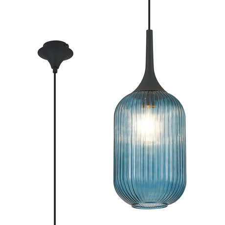 Nish Single Pendant, 1 x E27, Satin Black/Petrol Blue Ribbed Tubular Glass