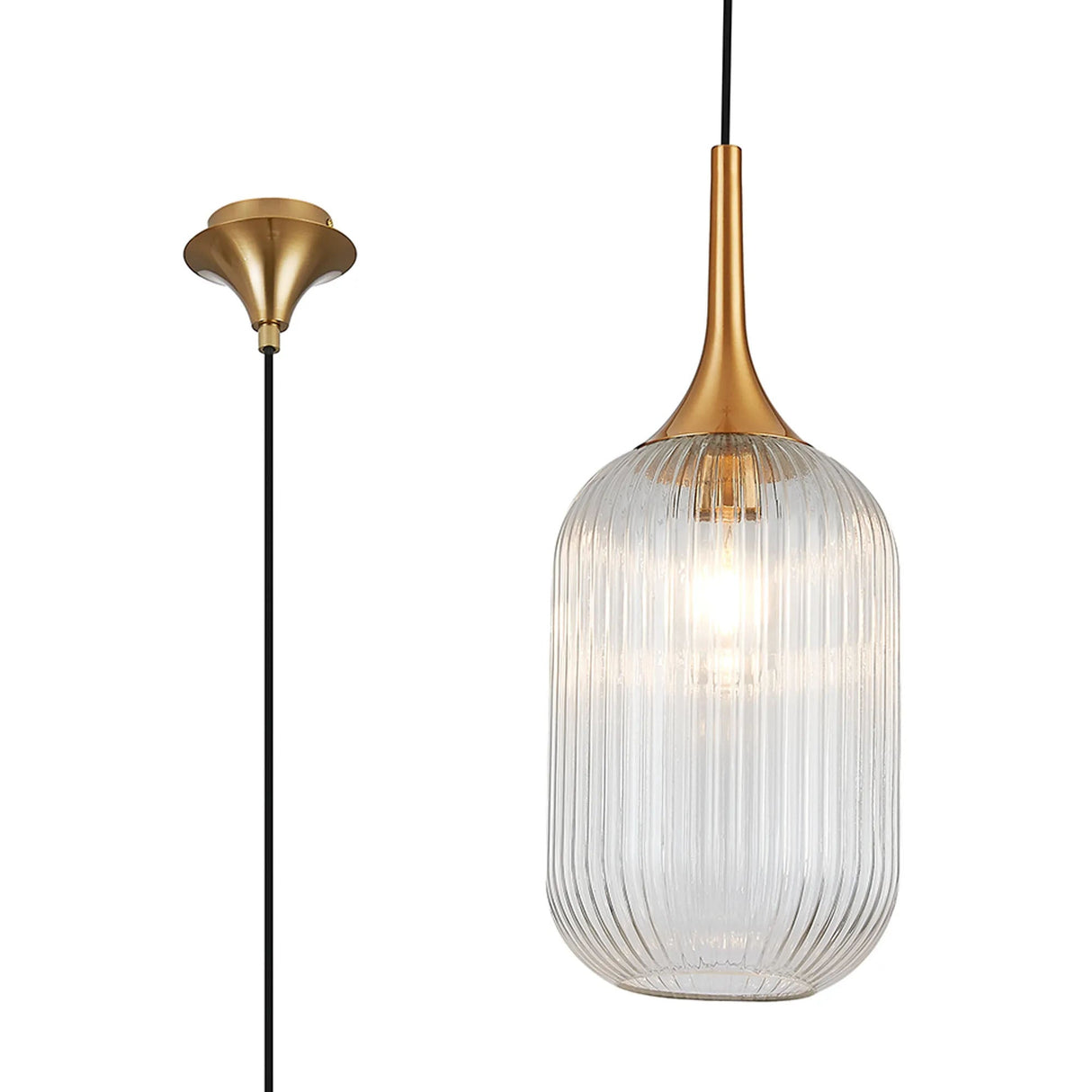 Nish Single Pendant, 1 x E27, Brass/Clear Ribbed Tubular Glass