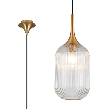 Nish Single Pendant, 1 x E27, Brass/Clear Ribbed Tubular Glass