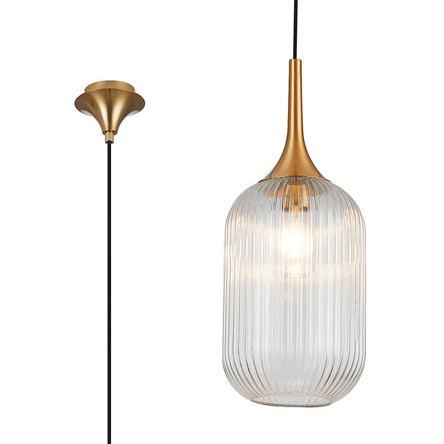 Nish Single Pendant, 1 x E27, Brass/Clear Ribbed Tubular Glass