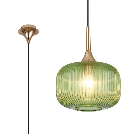 Nish Single Pendant, 1 x E27, French Gold/Green Ribbed Pumpkin Glass