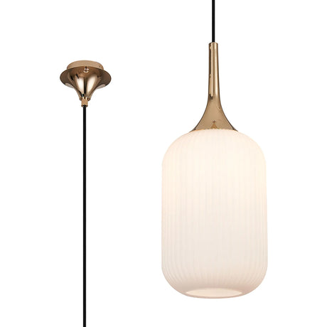 Nish Single Pendant, 1 x E27, French Gold/Opal Ribbed Tubular Glass