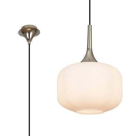 Nish Single Pendant, 1 x E27, Polished Nickel/Opal Ribbed Pumpkin Glass