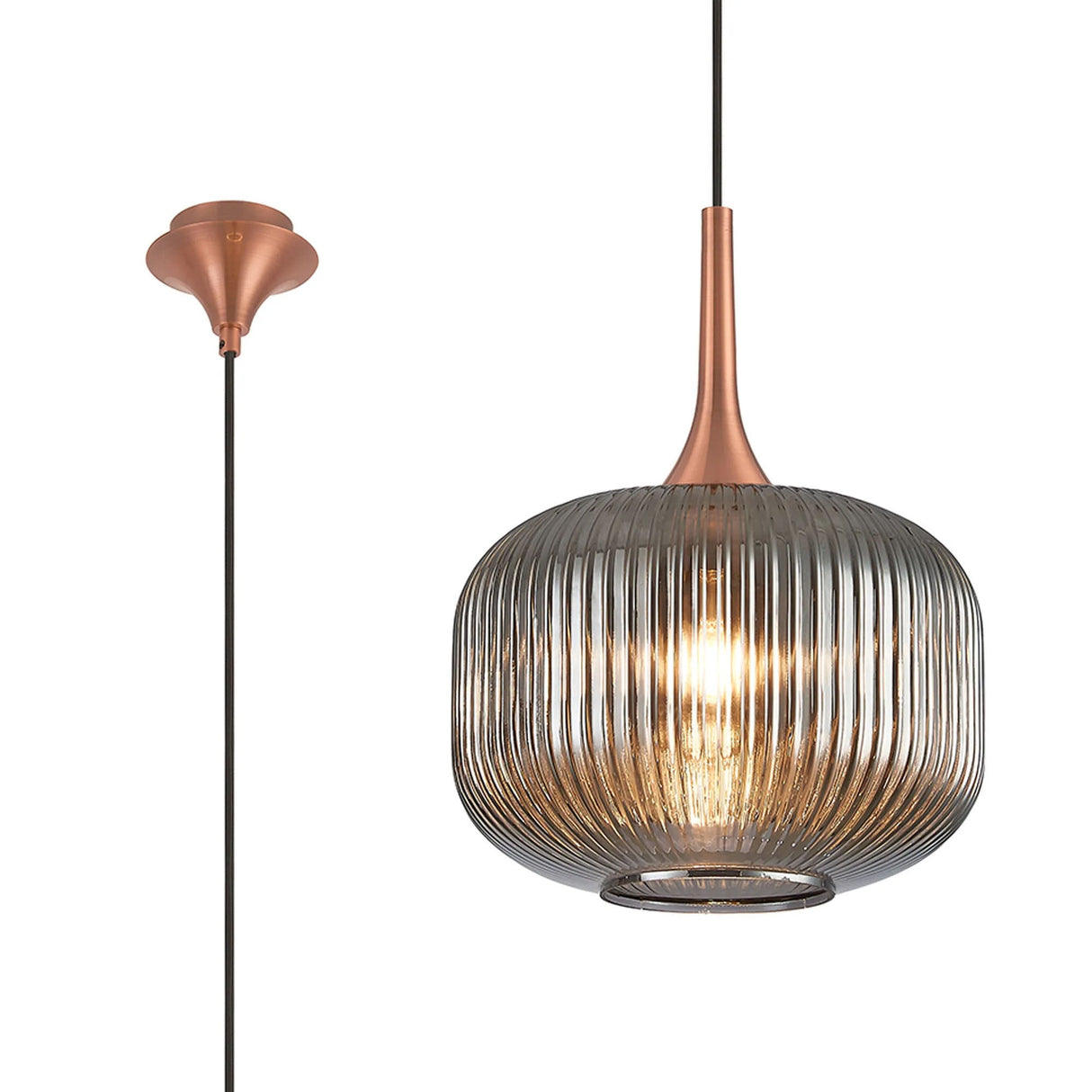 Nish Single Pendant, 1 x E27, Satin Copper/Smoked Ribbed Pumpkin Glass