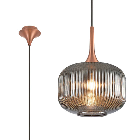 Nish Single Pendant, 1 x E27, Satin Copper/Smoked Ribbed Pumpkin Glass