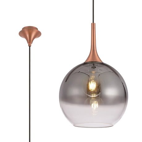 Nish Single Pendant, 1 x E27, Satin Copper/Smoke Fade Globe Glass