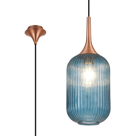 Nish Single Pendant, 1 x E27, Satin Copper/Petrol Blue Ribbed Tubular Glass