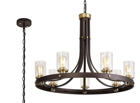 Owers Round Pendant 7 x E27, Brown Oxide/Gold Bronze With Clear Glass Shades