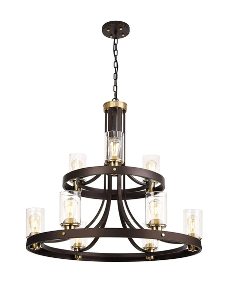 Owers 2 Tier Round Pendant 3+6 x E27, Brown Oxide/Gold Bronze With Clear Glass Shades