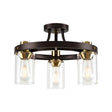 Owers Round Semi Flush Ceiling 3 x E27, Brown Oxide/Gold Bronze With Clear Glass Shades