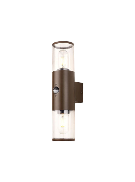 Pascoe Wall Lamp With PIR Sensor 2 x E27, IP54, Matt Brown/Clear