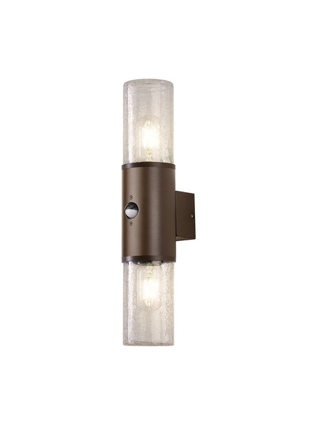 Pascoe Wall Lamp With PIR Sensor 2 x E27, IP54, Matt Brown/Crackled Clear