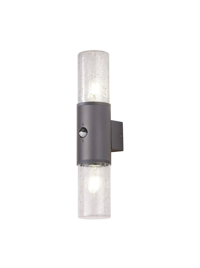 Pascoe Wall Lamp With PIR Sensor 2 x E27, IP54, Anthracite/Crackled Clear
