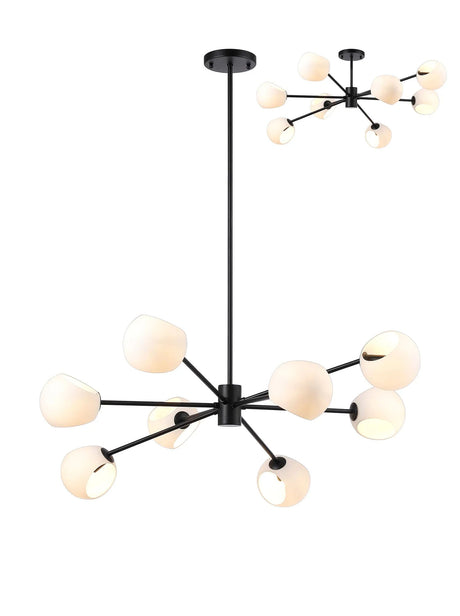 Peters 100cm Round Fixed Pendant With Double Cut Glass, 8 x E14, Satin Black/Opal
