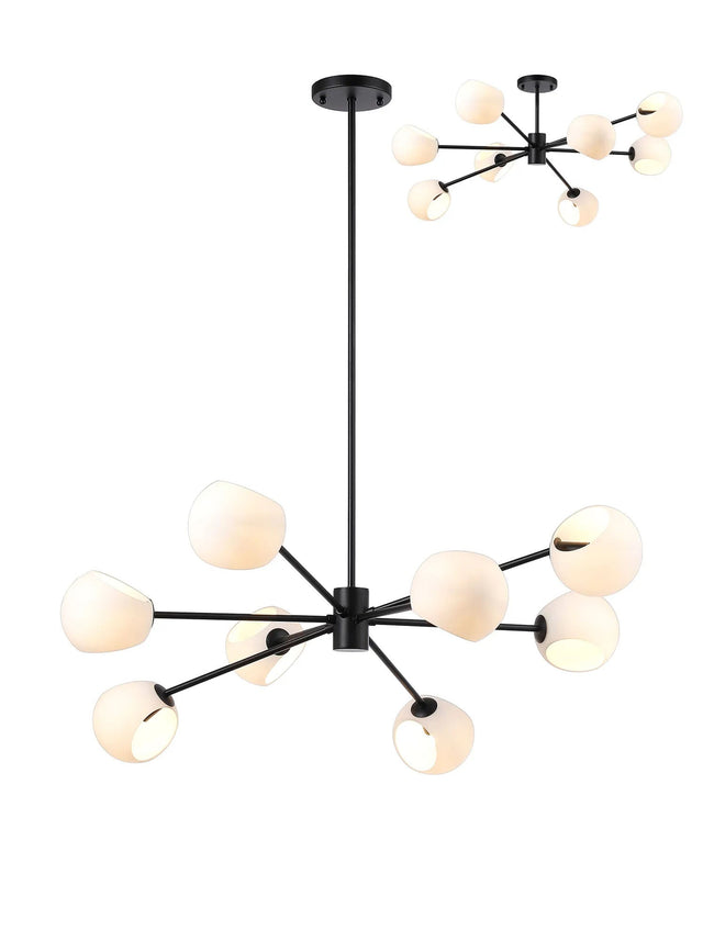 Peters 100cm Round Fixed Pendant With Double Cut Glass, 8 x E14, Satin Black/Opal
