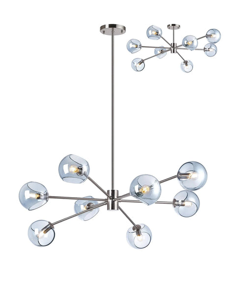 Peters 100cm Round Fixed Pendant With Double Cut Glass, 8 x E14, Satin Nickel/Blue