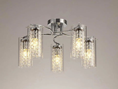 Prudhoe Semi Flush Light, 5 x E14, Polished Chrome/Crystal/Glass