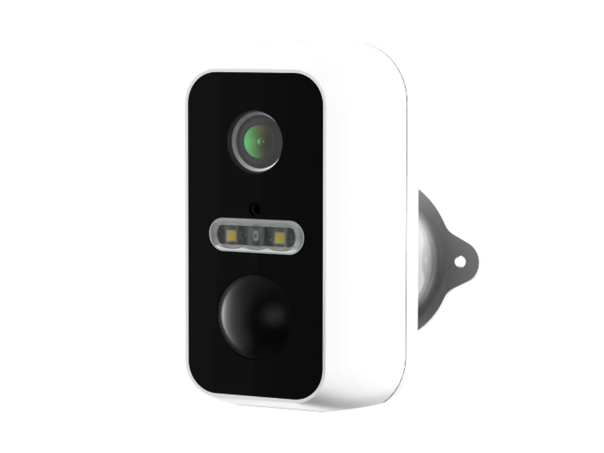 Pyronix BatteryCam2 wireless battery CCTV camera in white, showing black front panel with lens, LED illuminator strip, and PIR sensor