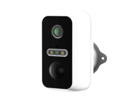 Pyronix BatteryCam2 wireless battery CCTV camera in white, showing black front panel with lens, LED illuminator strip, and PIR sensor