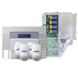 Pyronix Enforcer Kit 3 alarm system components laid out, including the Enforcer V11 control panel, an open enclosure showing circuit board and batteries, three PIR motion detectors, and a door contact sensor
