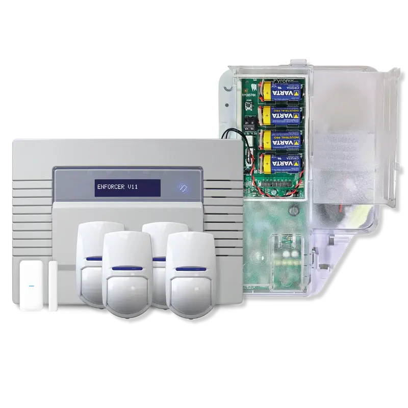 Pyronix Enforcer Kit 3 alarm system components laid out, including the Enforcer V11 control panel, an open enclosure showing circuit board and batteries, three PIR motion detectors, and a door contact sensor