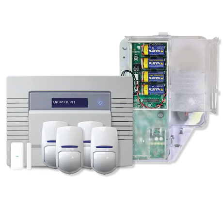 Pyronix Enforcer Kit 3 alarm system components laid out, including the Enforcer V11 control panel, an open enclosure showing circuit board and batteries, three PIR motion detectors, and a door contact sensor
