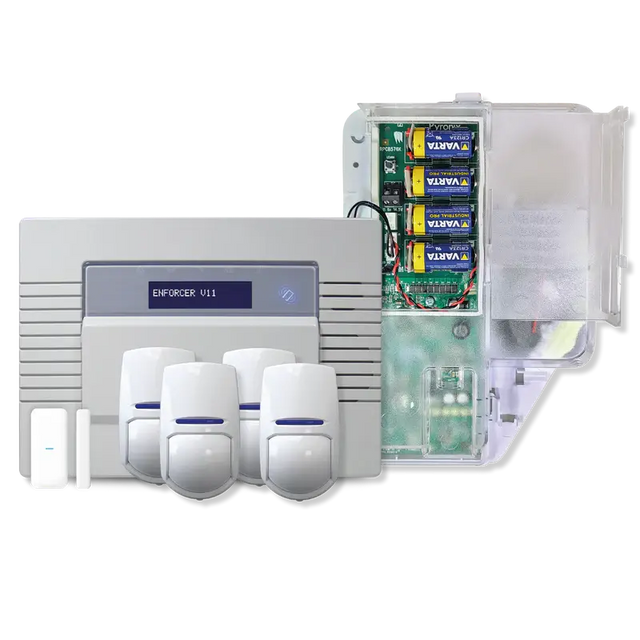 Pyronix Enforcer Kit 3 alarm system components laid out, including the Enforcer V11 control panel, an open enclosure showing circuit board and batteries, three PIR motion detectors, and a door contact sensor