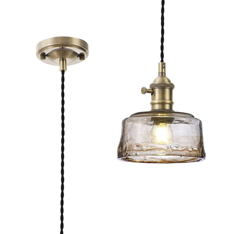 Rae Switched Pendant 1.5m, 1 x E27, Antique Brass/Black Twisted Cable/Brown Bowl Glass