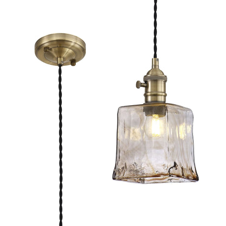 Rae Switched Pendant 1.5m, 1 x E27, Antique Brass/Black Twisted Cable/Brown Square Glass