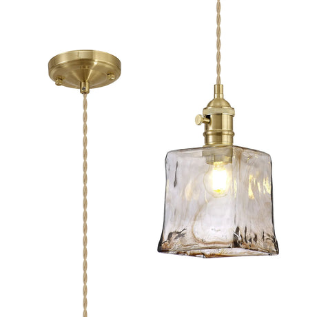 Rae Switched Pendant 1.5m, 1 x E27, Brass/Pale Gold Twisted Cable/Brown Square Glass