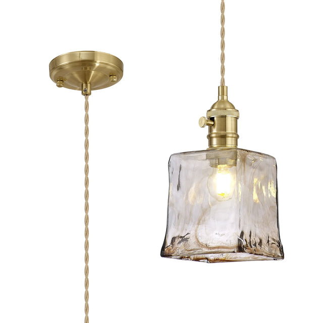 Rae Switched Pendant 1.5m, 1 x E27, Brass/Pale Gold Twisted Cable/Brown Square Glass