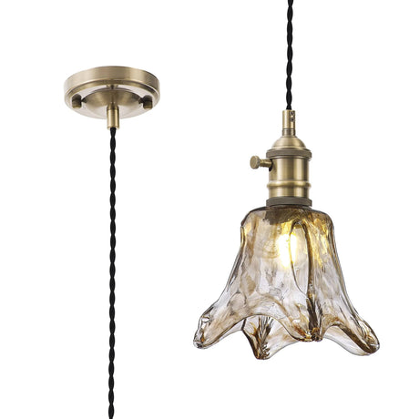 Rae Switched Pendant 1.5m, 1 x E27, Antique Brass/Black Twisted Cable/Brown Flower Glass
