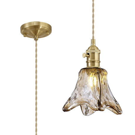 Rae Switched Pendant 1.5m, 1 x E27, Brass/Pale Gold Twisted Cable/Brown Flower Glass