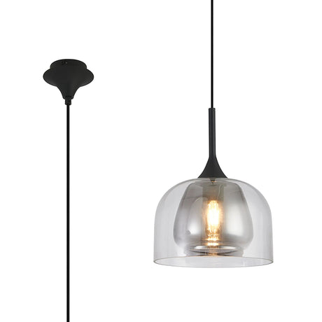 REID Single Pendant, 1 x E27, Double Glass Cloche & Jar, Satin Black/Clear/Smoke Plated Glass