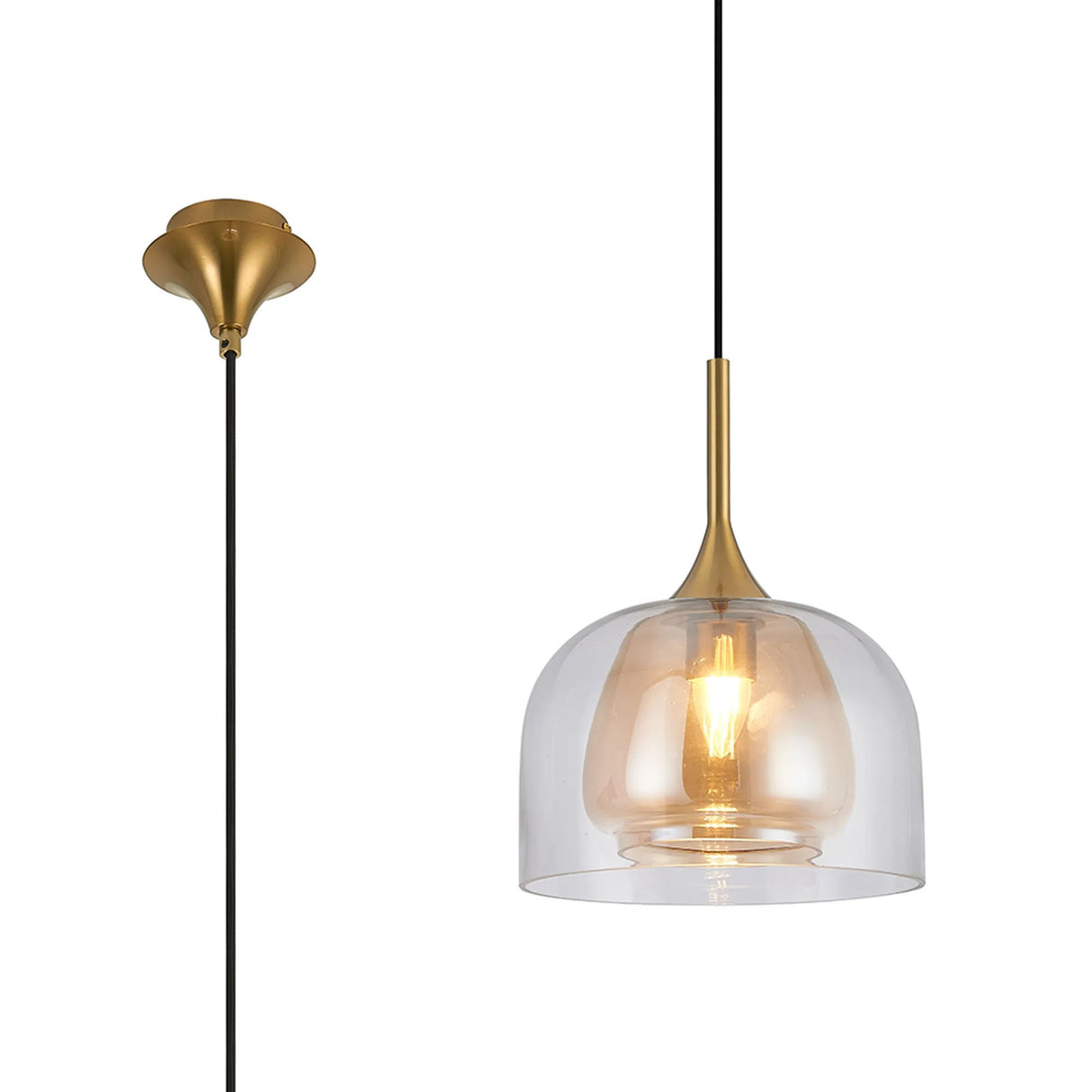 REID Single Pendant, 1 x E27, Double Glass Cloche & Jar, Brass/Clear/Amber Plated Glass