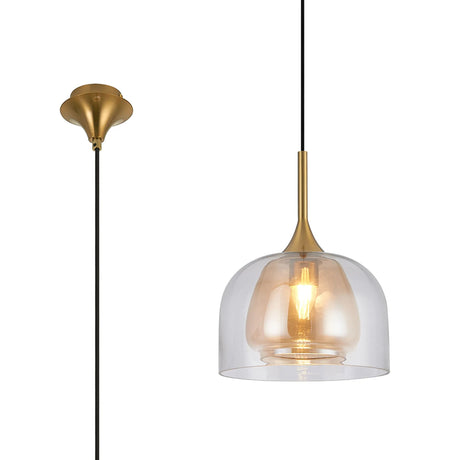 REID Single Pendant, 1 x E27, Double Glass Cloche & Jar, Brass/Clear/Amber Plated Glass