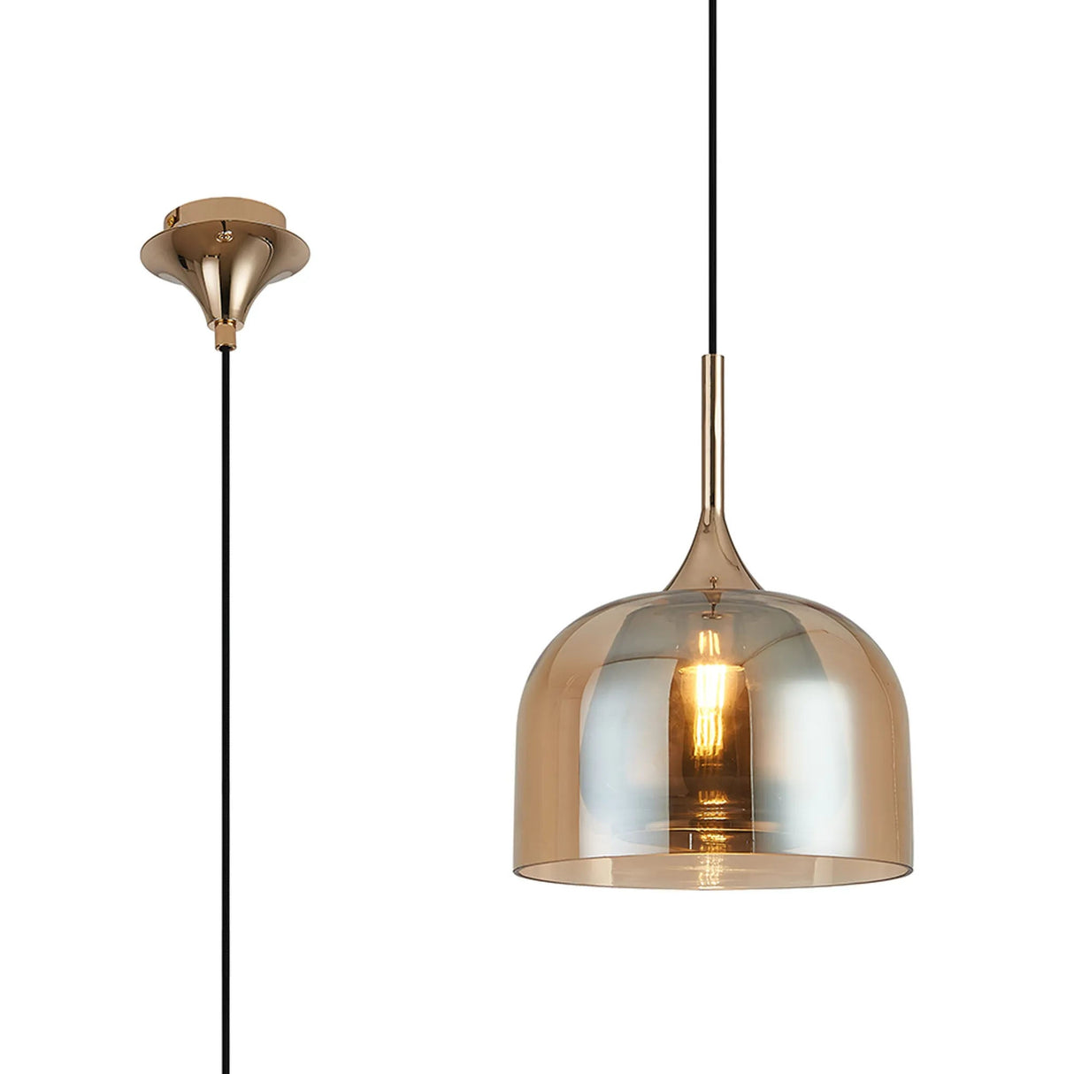 REID Single Pendant, 1 x E27, Double Glass Cloche & Jar, French Gold/Amber Plated/Smoke Plated Glass