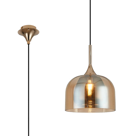 REID Single Pendant, 1 x E27, Double Glass Cloche & Jar, French Gold/Amber Plated/Smoke Plated Glass