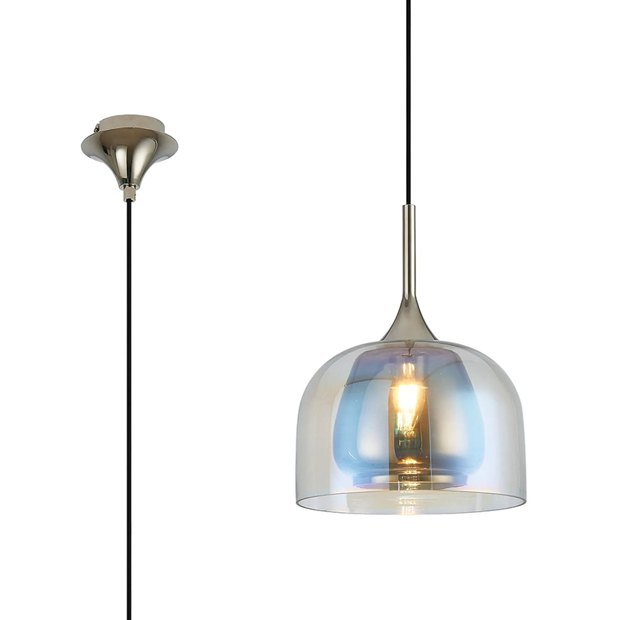 REID Single Pendant, 1 x E27, Double Glass Cloche & Jar, Polished Nickel/Iridescent/Smoke Plated Glass