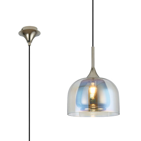 REID Single Pendant, 1 x E27, Double Glass Cloche & Jar, Polished Nickel/Iridescent/Smoke Plated Glass