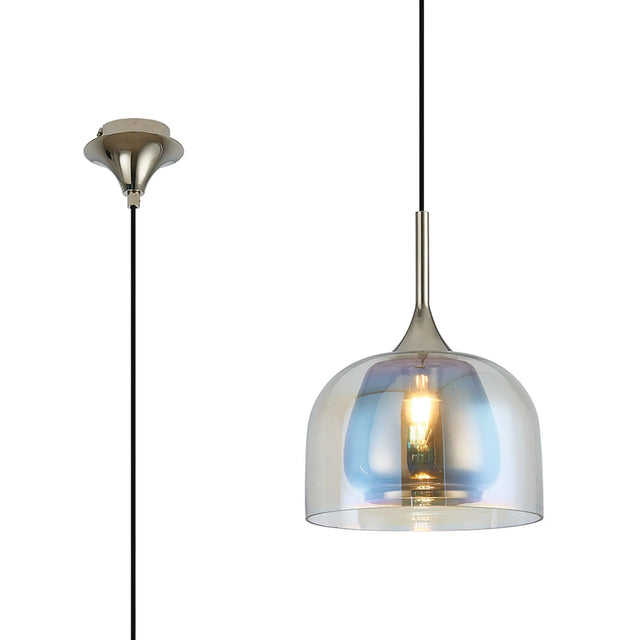 REID Single Pendant, 1 x E27, Double Glass Cloche & Jar, Polished Nickel/Iridescent/Smoke Plated Glass